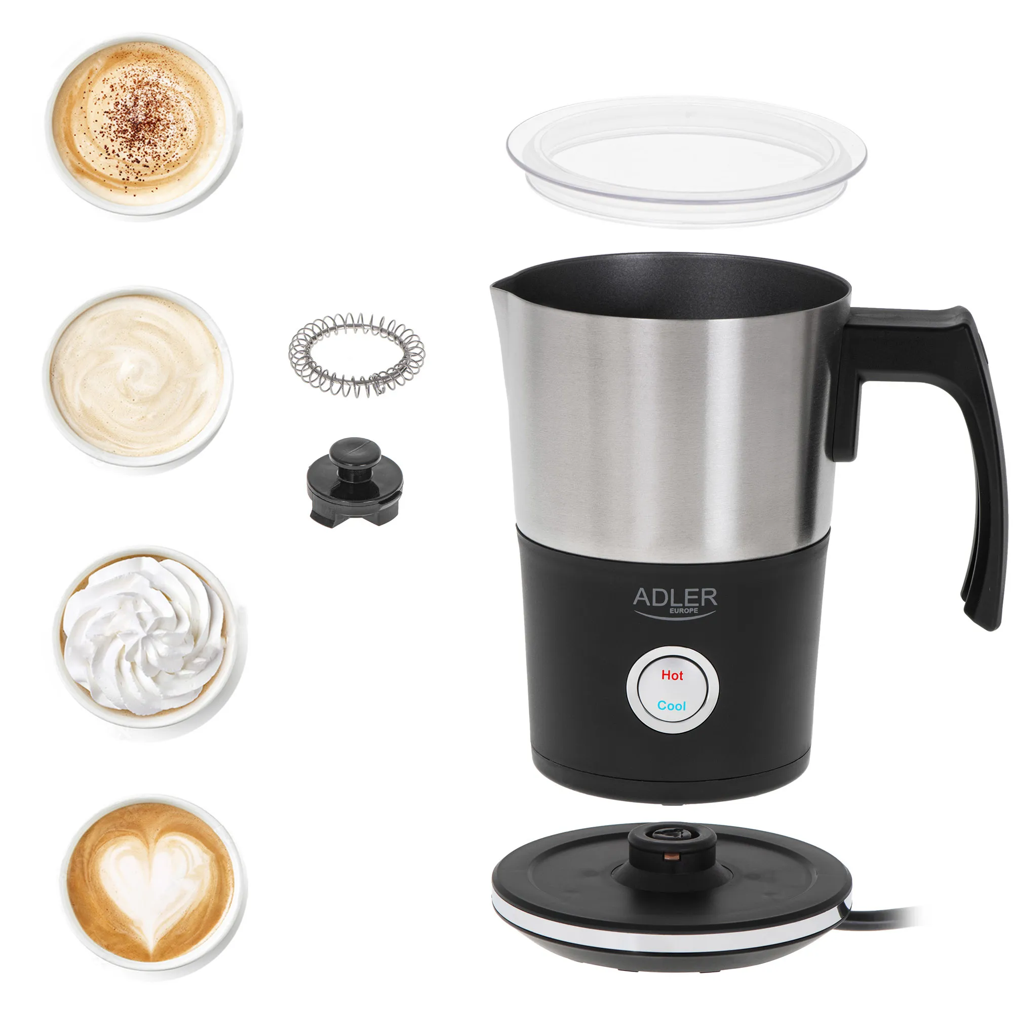 Adler AD 4497 Electric Milk Frother and Heater, 600 W, 300 ml, Black/Stainless Steel
