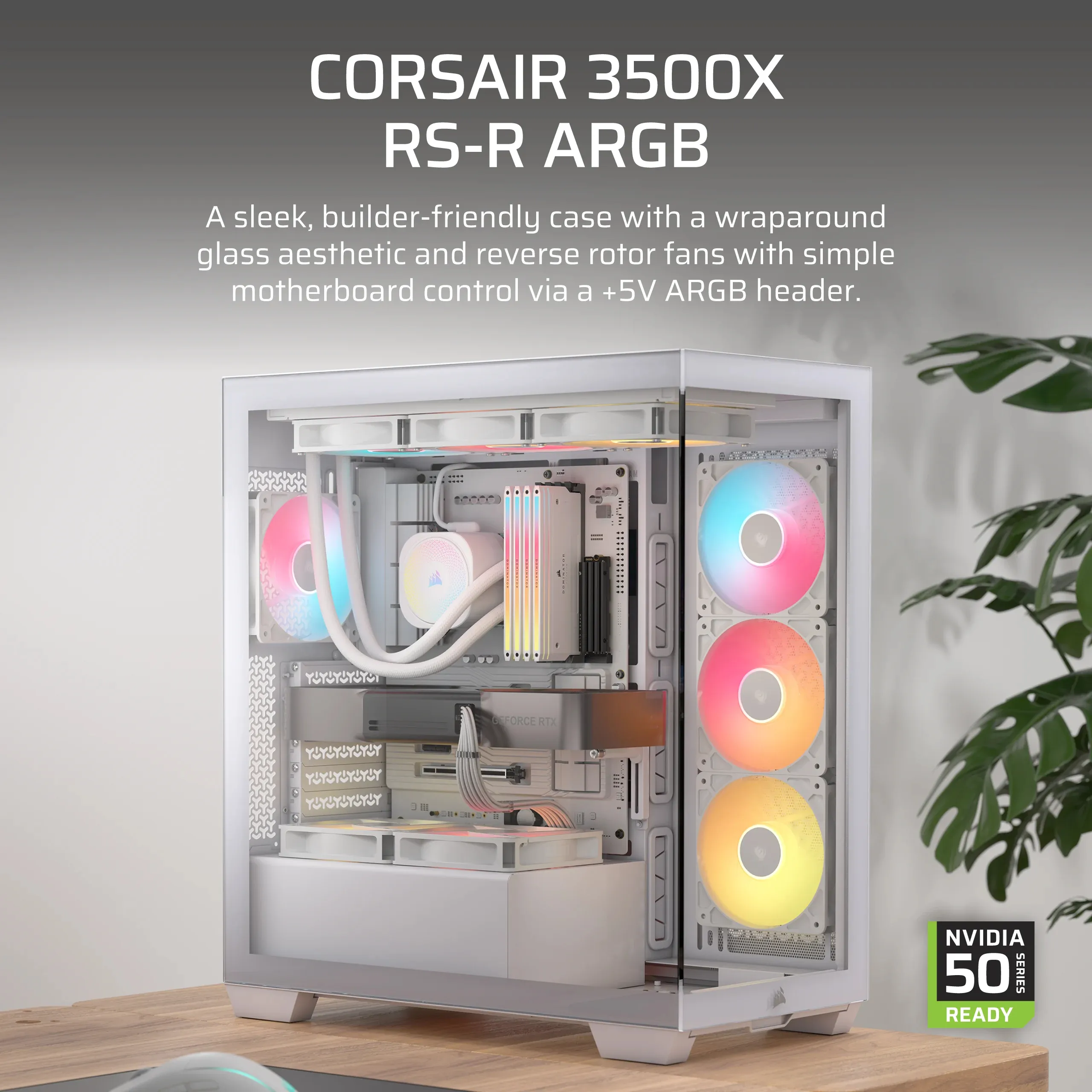 CORSAIR 3500X RS-R midi-tower chassi med fönster och RGB-belysning, vit