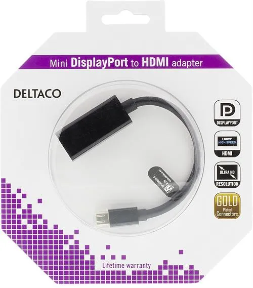 DELTACO Mini Displayport - HDMI sovitin, 4K, audio, 0,2, musta