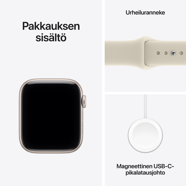 Apple Watch SE 3 (GPS + Cellular) 44 mm t&auml;htivalkea alumiinikuori ja hiekanv&auml;rinen urheiluranneke, M/L