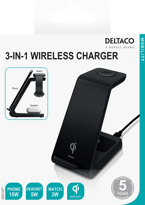 DELTACO 3-in-1 wireless charger stand, 10 W, 5 W, 3 W, black