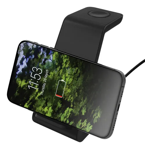 DELTACO 3-in-1 wireless charger stand, 10 W, 5 W, 3 W, black