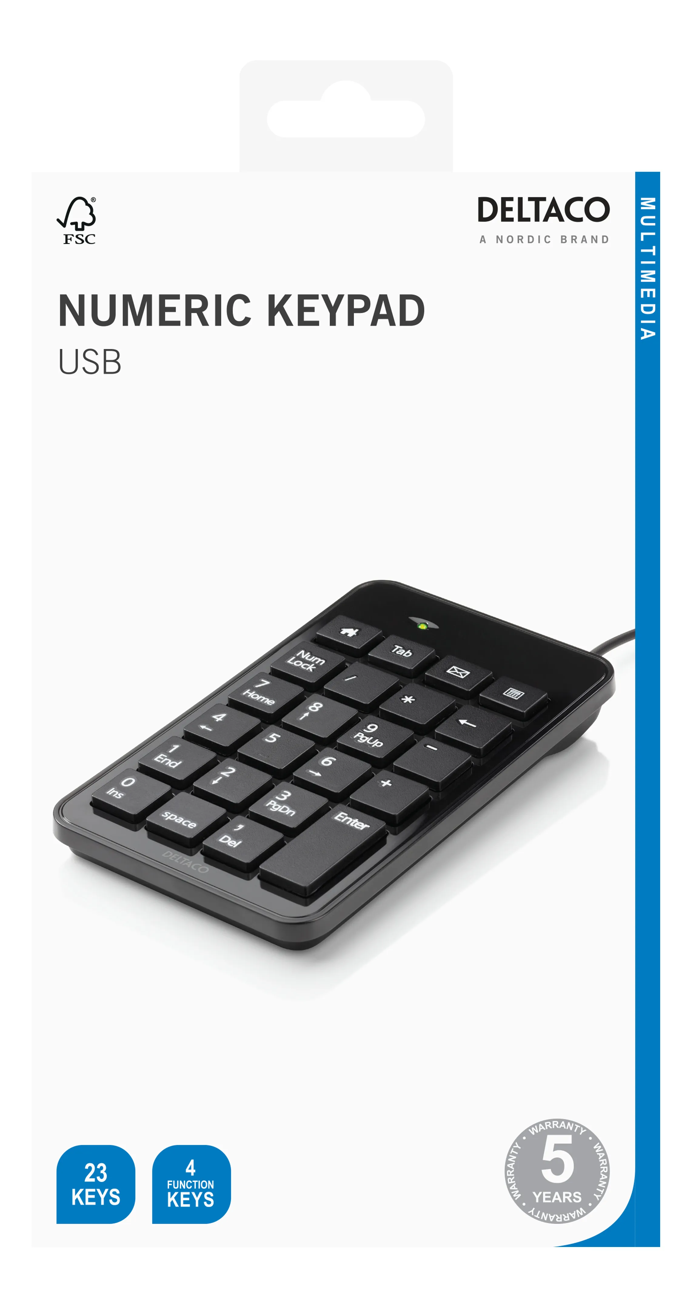 DELTACO numeriskt tangentbord, 23 tangenter, 4 media tangenter, USB, s