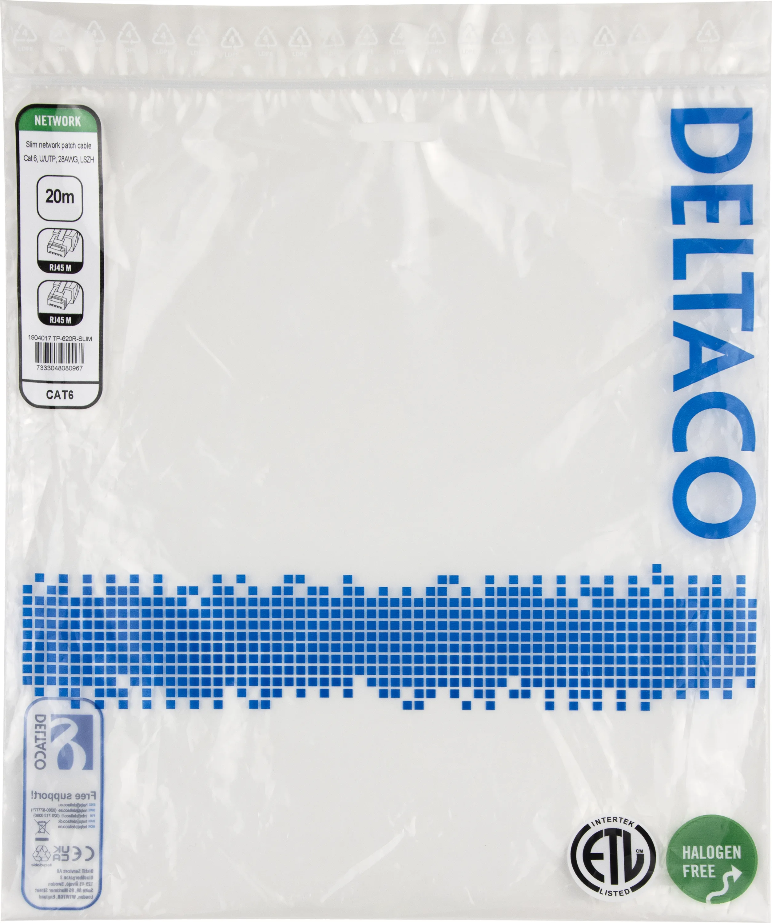 Deltaco Cat6 UTP RJ45 20m -verkkokaapeli, punainen