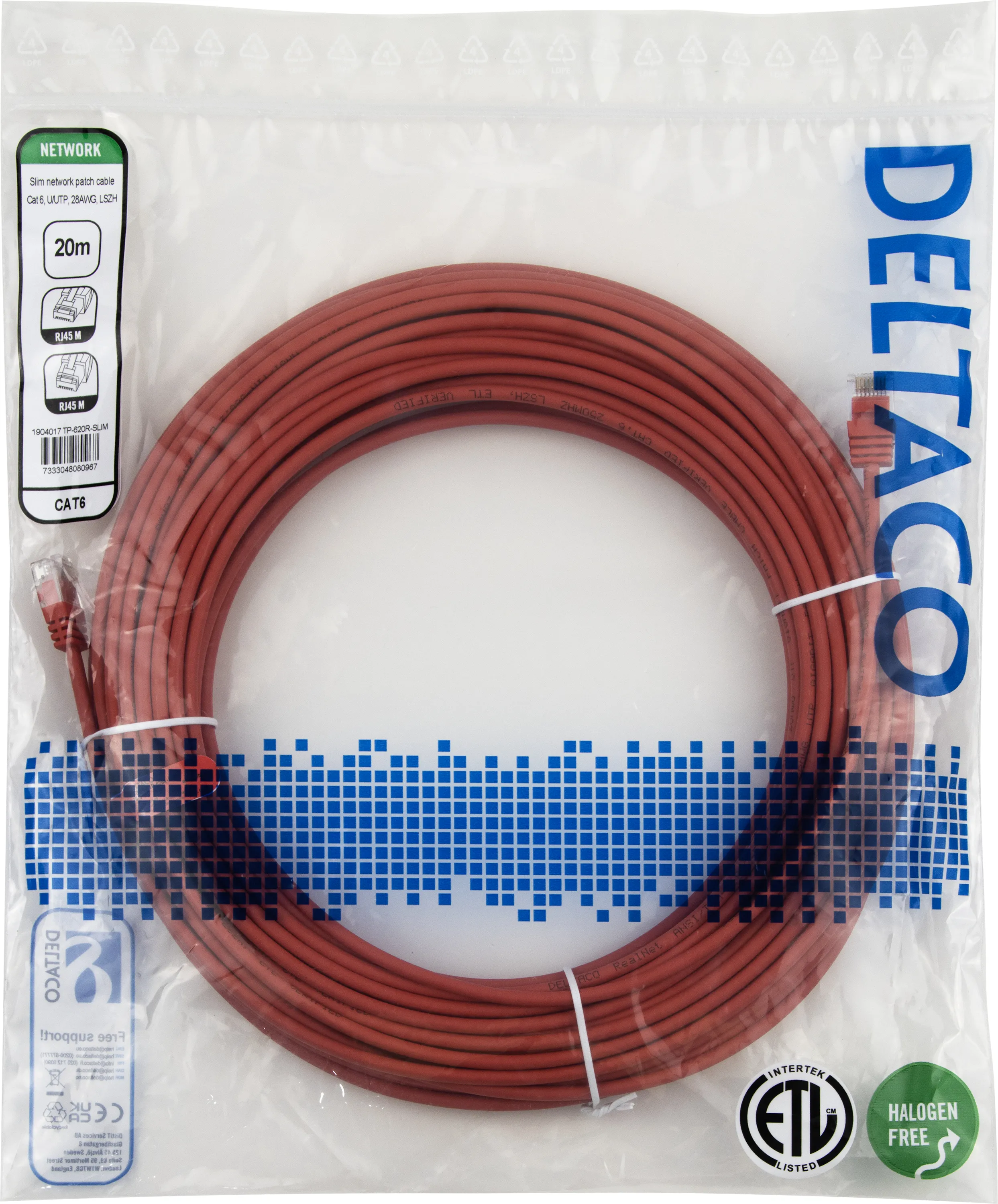 Deltaco Cat6 UTP RJ45 20m -verkkokaapeli, punainen