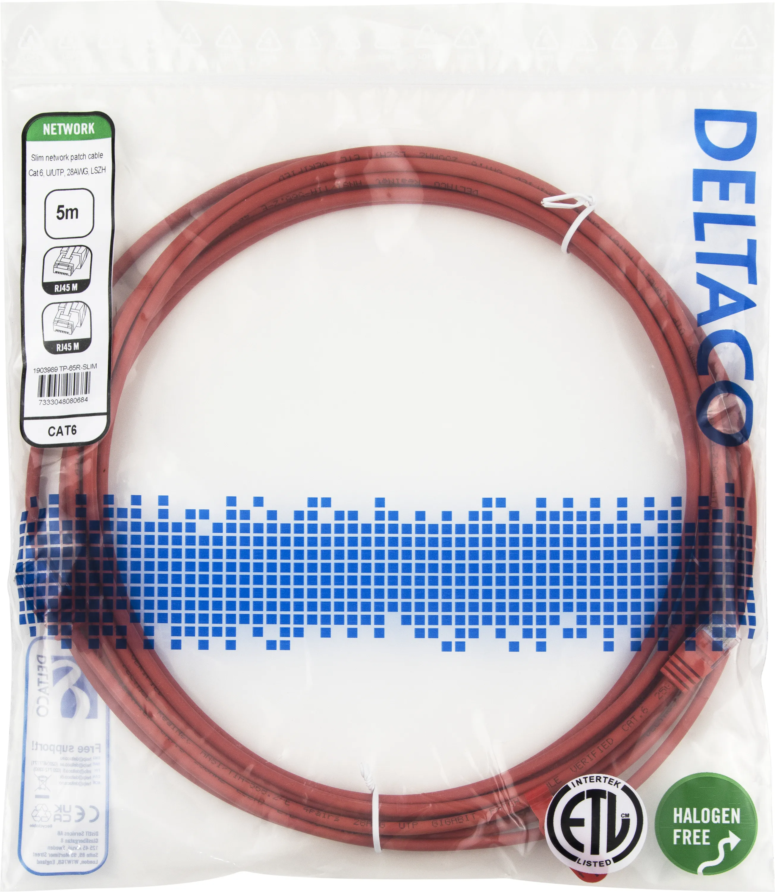 Deltaco Cat6 UTP RJ45 5m -verkkokaapeli, punainen