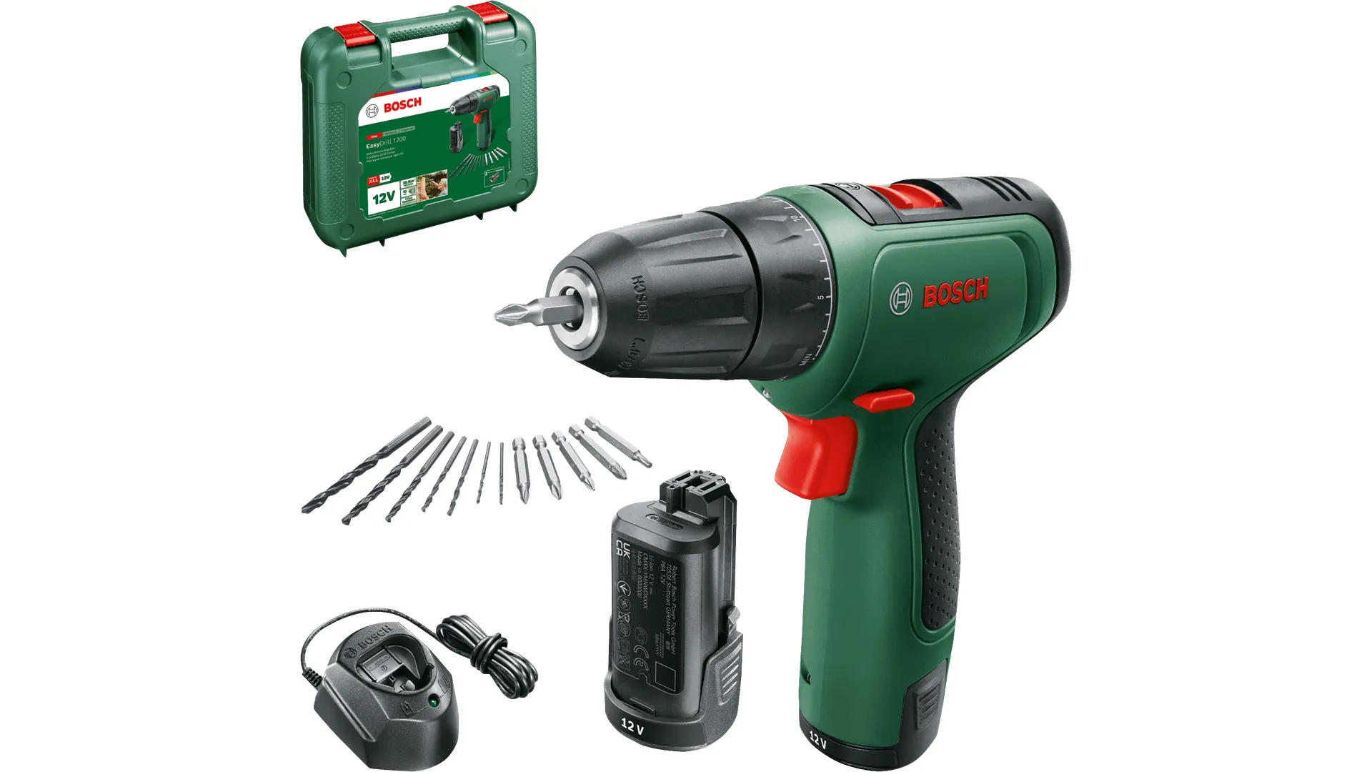Bosch Cordless drill EasyDrill 1200 + bit and drill set (green/black, 2x Li-ion battery 1.5Ah, case)