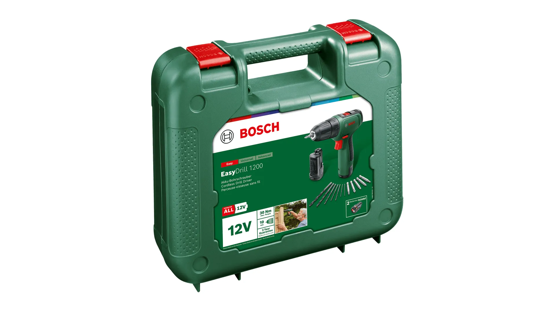 Bosch Cordless drill EasyDrill 1200 + bit and drill set (green/black, 2x Li-ion battery 1.5Ah, case)