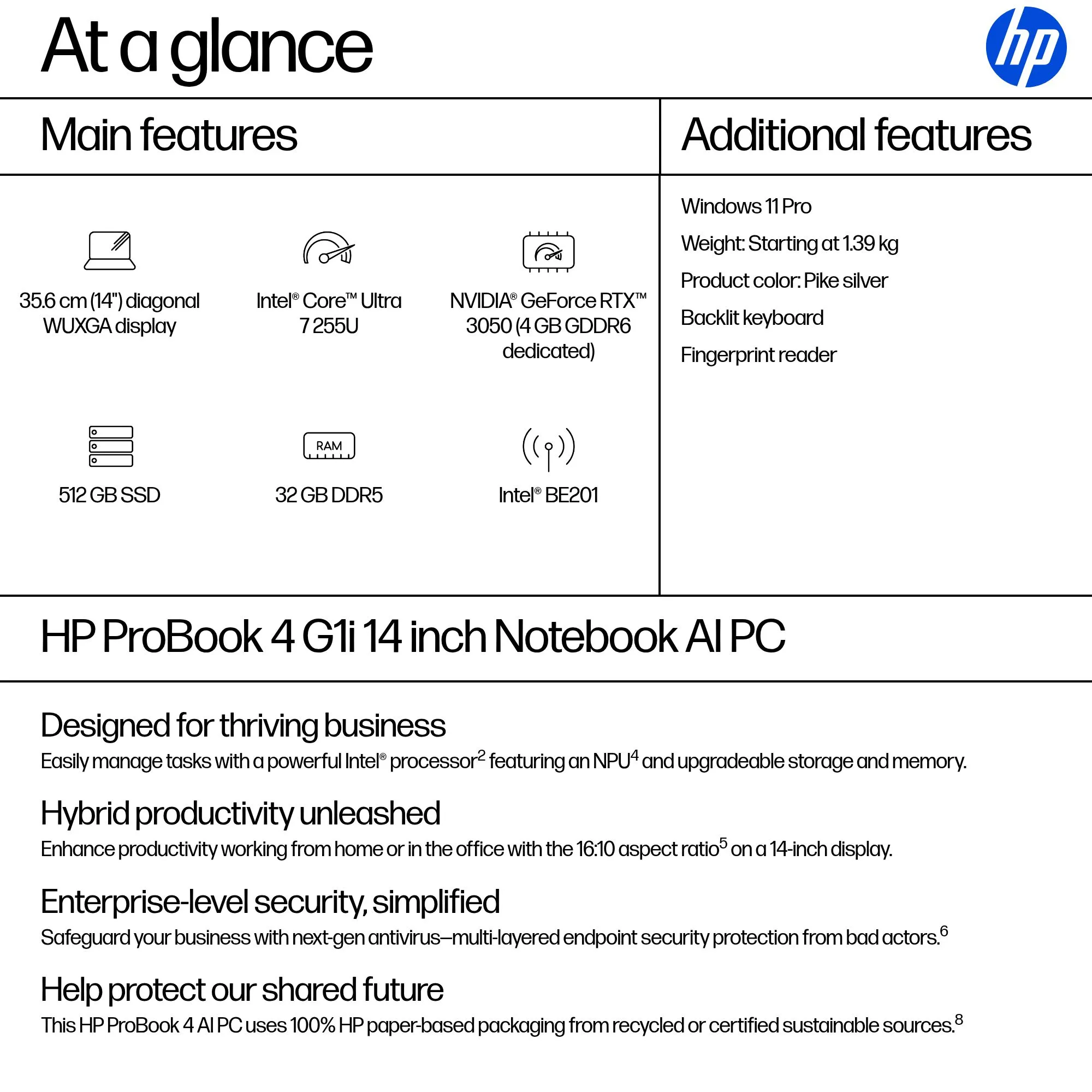 HP 14" Ultra 7 255U, 32GB, 512GB, Win 11 Pro - Notebook, Silver