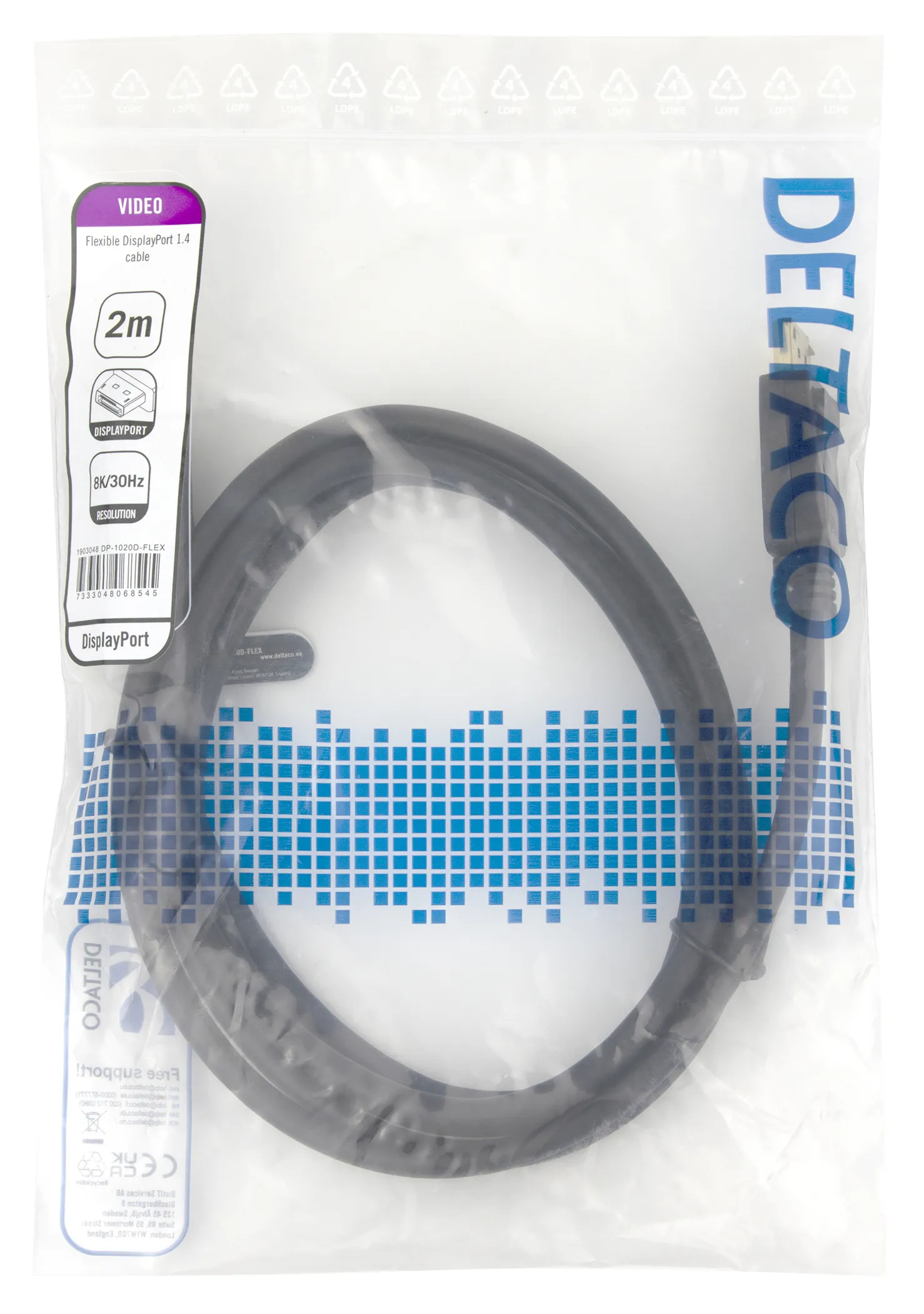 Deltaco DisplayPort - DisplayPort 1.4 Flex -kaapeli, Musta, 2m