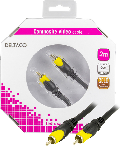 DELTACO, kompositvideokabel, 1xRCA ha - ha, guldpl&auml;terad, 2m