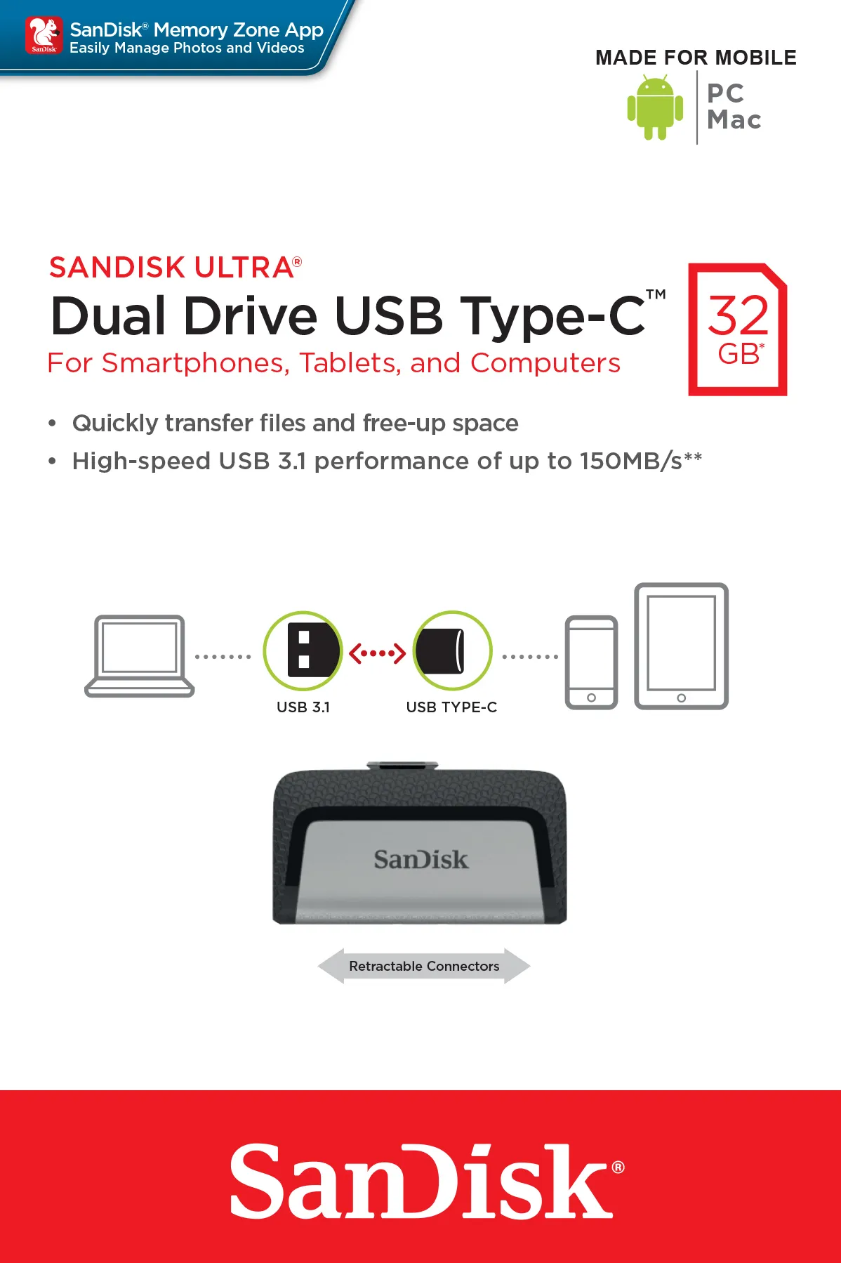 SanDisk 32 Gt Ultra Dual Drive USB-C -muistitikku, Musta/Hopea