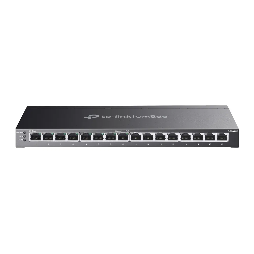 TP-Link JetStream TL-SG2016P - Managed 16-port Gigabit Ethernet switch with 8-port PoE+, black