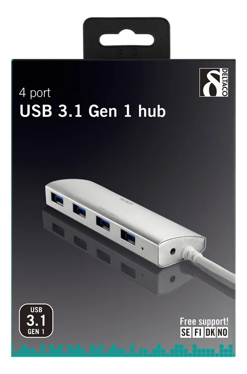DELTACO USB 3.0 hubi, 4xTyp A naaras, alumiinia, 0,3m, hopea