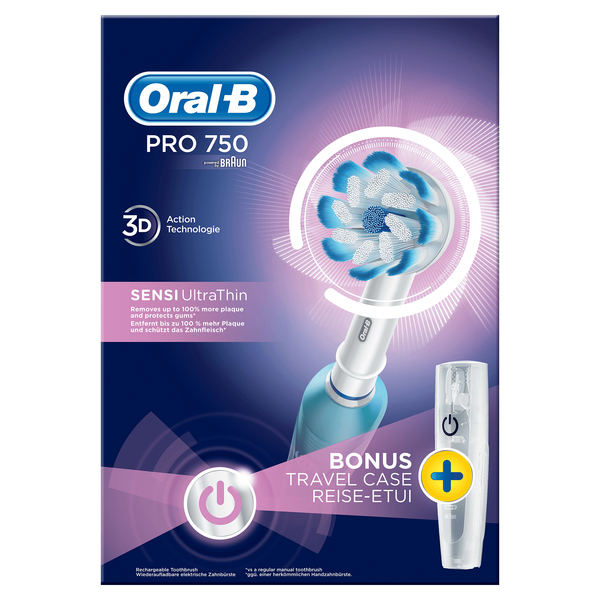 BRAUN S&Auml;HK&Ouml;HAMMASHARJA ORAL-B PRO750 SENSITIVE ULTRA THIN. 3D-teknologia, 8 800 v&auml;r&auml;hdyst&auml;, 20 000 syk&auml;hdyst&auml;. Ammattimainen ajastin, Mekaaninen paineentunnisti