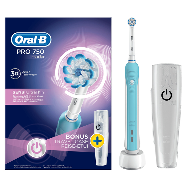 BRAUN S&Auml;HK&Ouml;HAMMASHARJA ORAL-B PRO750 SENSITIVE ULTRA THIN. 3D-teknologia, 8 800 v&auml;r&auml;hdyst&auml;, 20 000 syk&auml;hdyst&auml;. Ammattimainen ajastin, Mekaaninen paineentunnisti