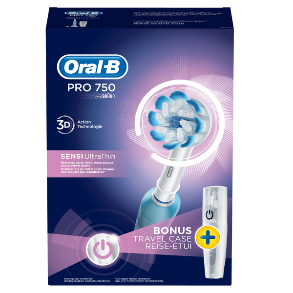 BRAUN S&Auml;HK&Ouml;HAMMASHARJA ORAL-B PRO750 SENSITIVE ULTRA THIN. 3D-teknologia, 8 800 v&auml;r&auml;hdyst&auml;, 20 000 syk&auml;hdyst&auml;. Ammattimainen ajastin, Mekaaninen paineentunnisti