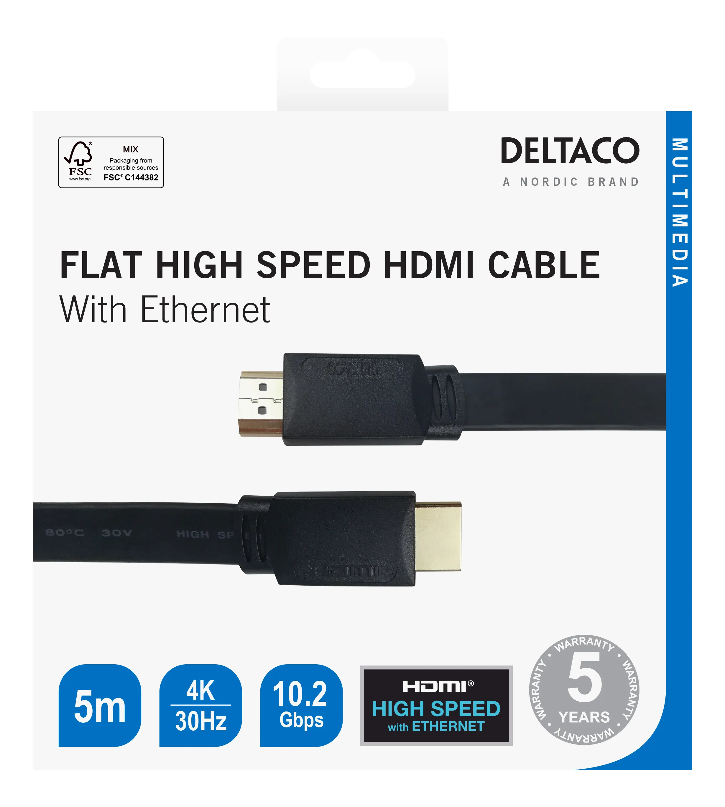 Deltaco Flat High Speed with Ethernet HDMI cable, 5m, black