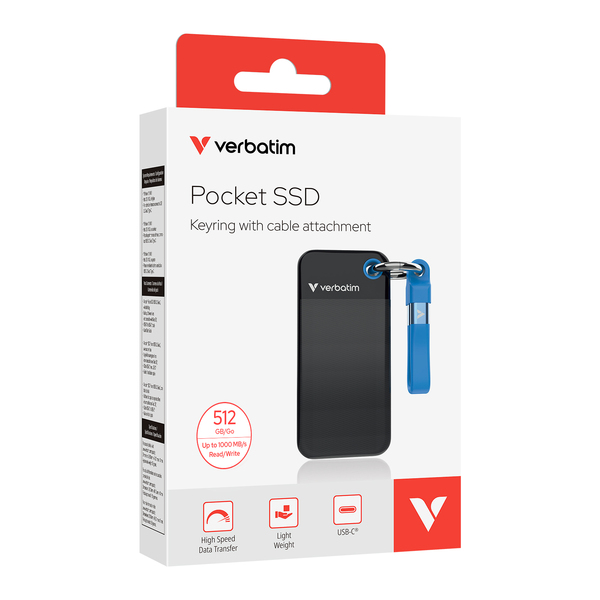 Verbatim Pocket SSD 512 Gb External SSD with USB 3.2 Gen 2 (USB-C), Portable, Rugged, Black/Blue