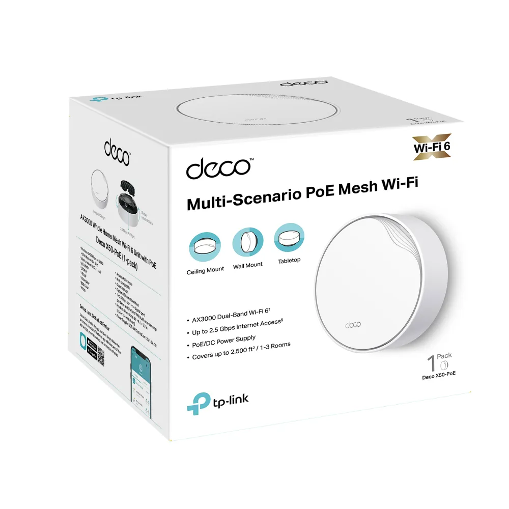 TP-Link Deco X50-PoE Mesh WiFi System, Wi-Fi 6, AX3000, PoE, White
