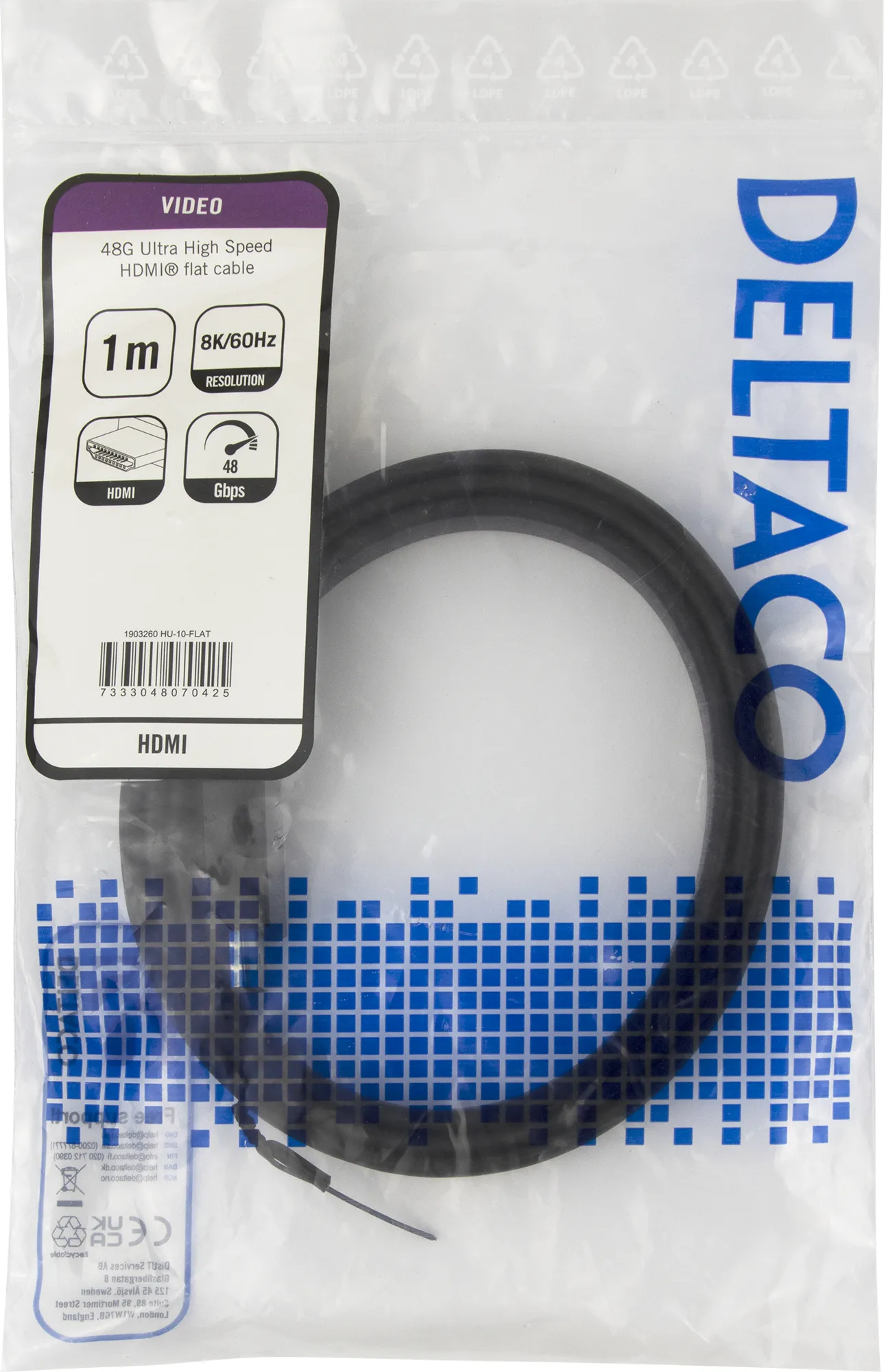 Deltaco HDMI 2.1 Flat - kabel, Svart, 1m