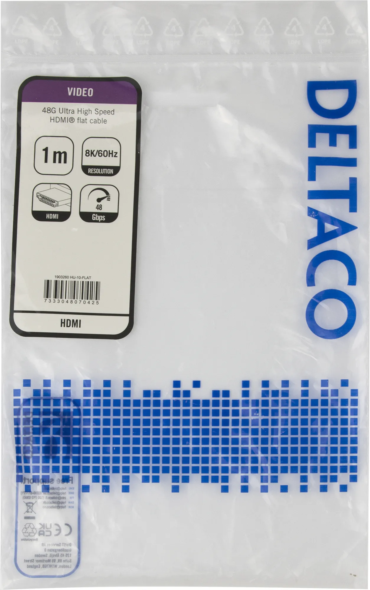 Deltaco HDMI 2.1 Flat - kabel, Svart, 1m