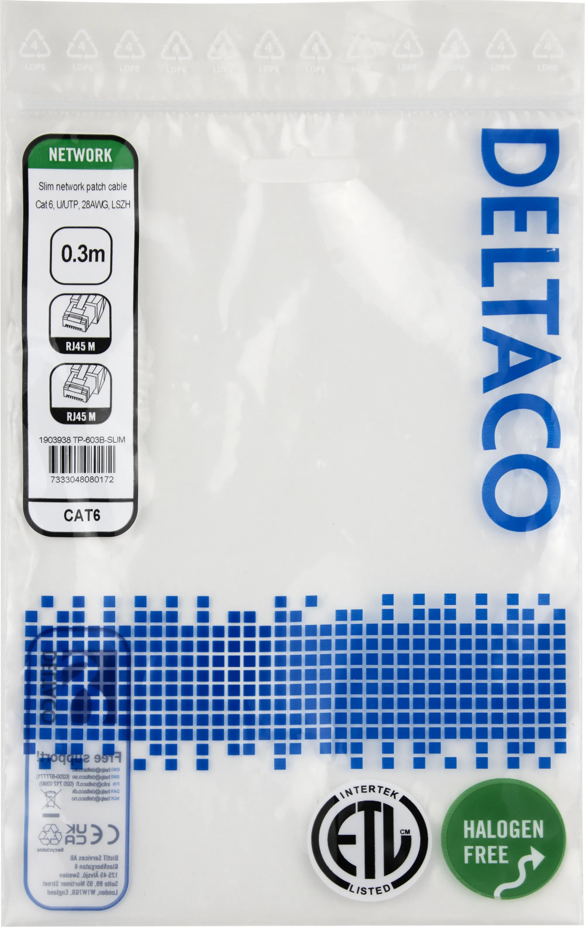 Deltaco Cat6 UTP RJ45 0.3m n&auml;tverkskabel, bl&aring;