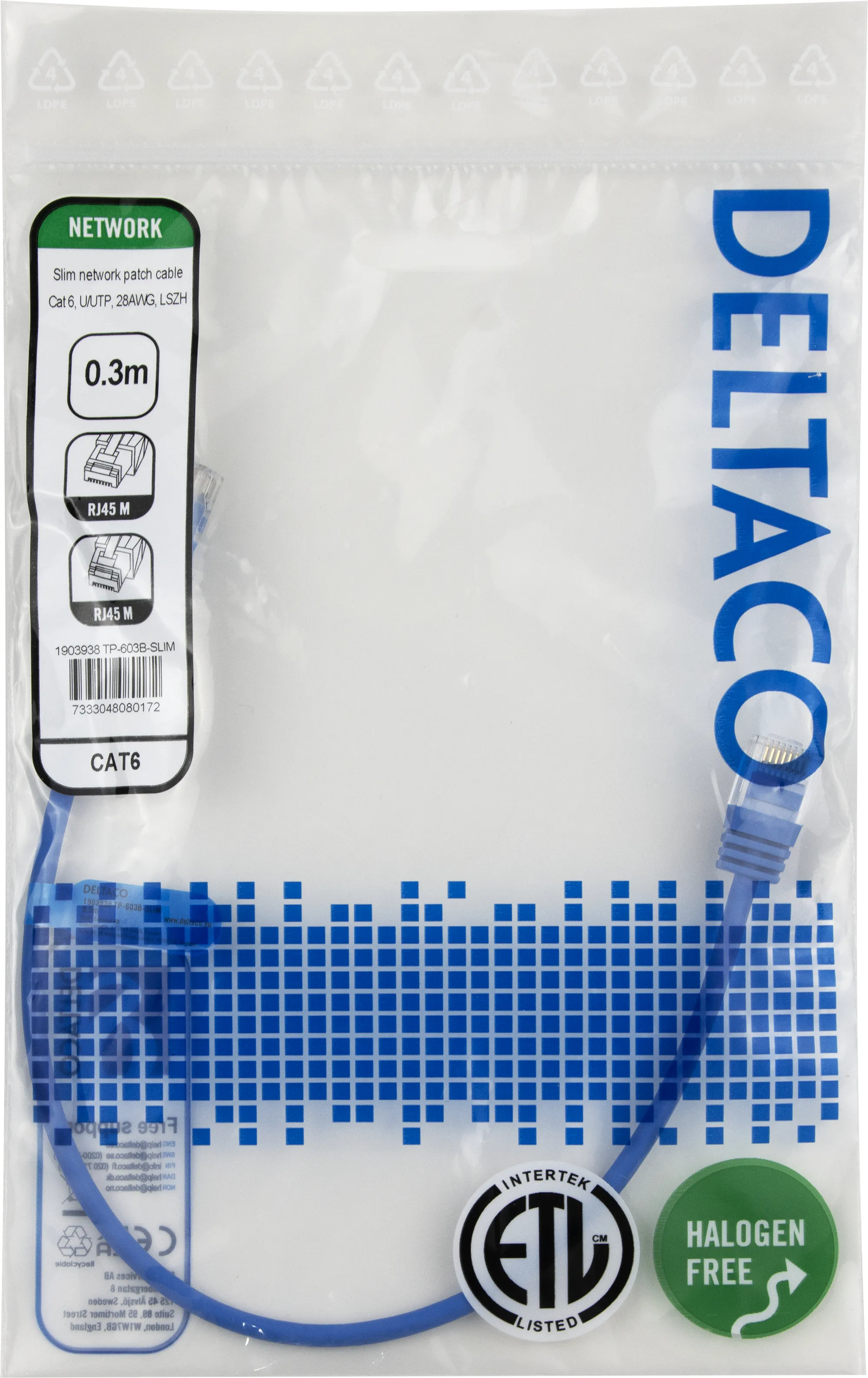Deltaco Cat6 UTP RJ45 0.3m n&auml;tverkskabel, bl&aring;