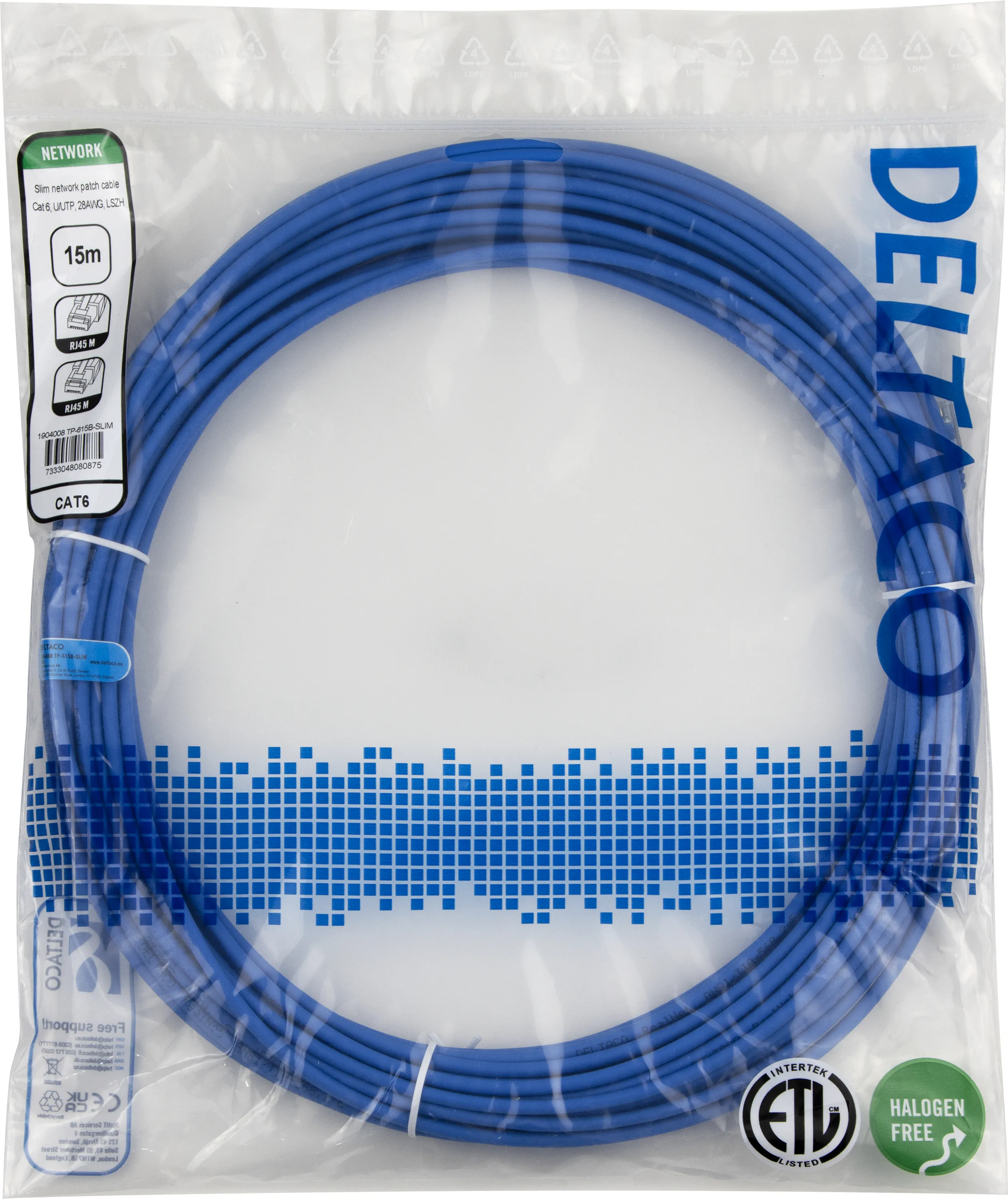 Deltaco Cat6 UTP LSZH RJ45 15m n&auml;tverkskabel, bl&aring;