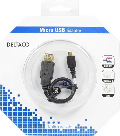 DELTACO USB-sovitin Tyyppi A na - Tyyppi Micro-B ur, 0,2m, OTG, musta