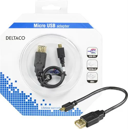 DELTACO USB-sovitin Tyyppi A na - Tyyppi Micro-B ur, 0,2m, OTG, musta