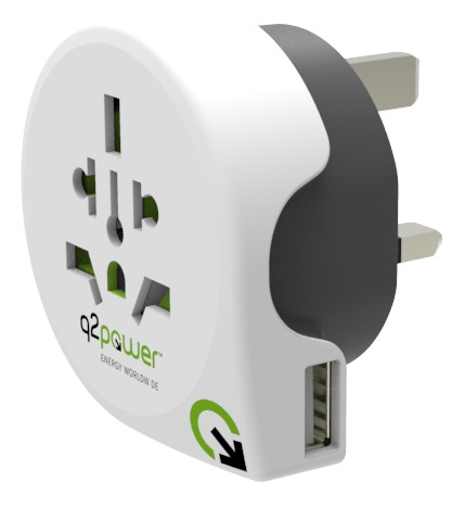 Q2power maadoitettu matkasovitin, koko maailma - Britannia, 1xUSB