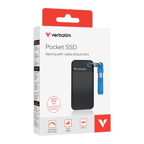 Verbatim Pocket SSD 512 Gb External SSD with USB 3.2 Gen 2 (USB-C), Portable, Rugged, Black/Blue