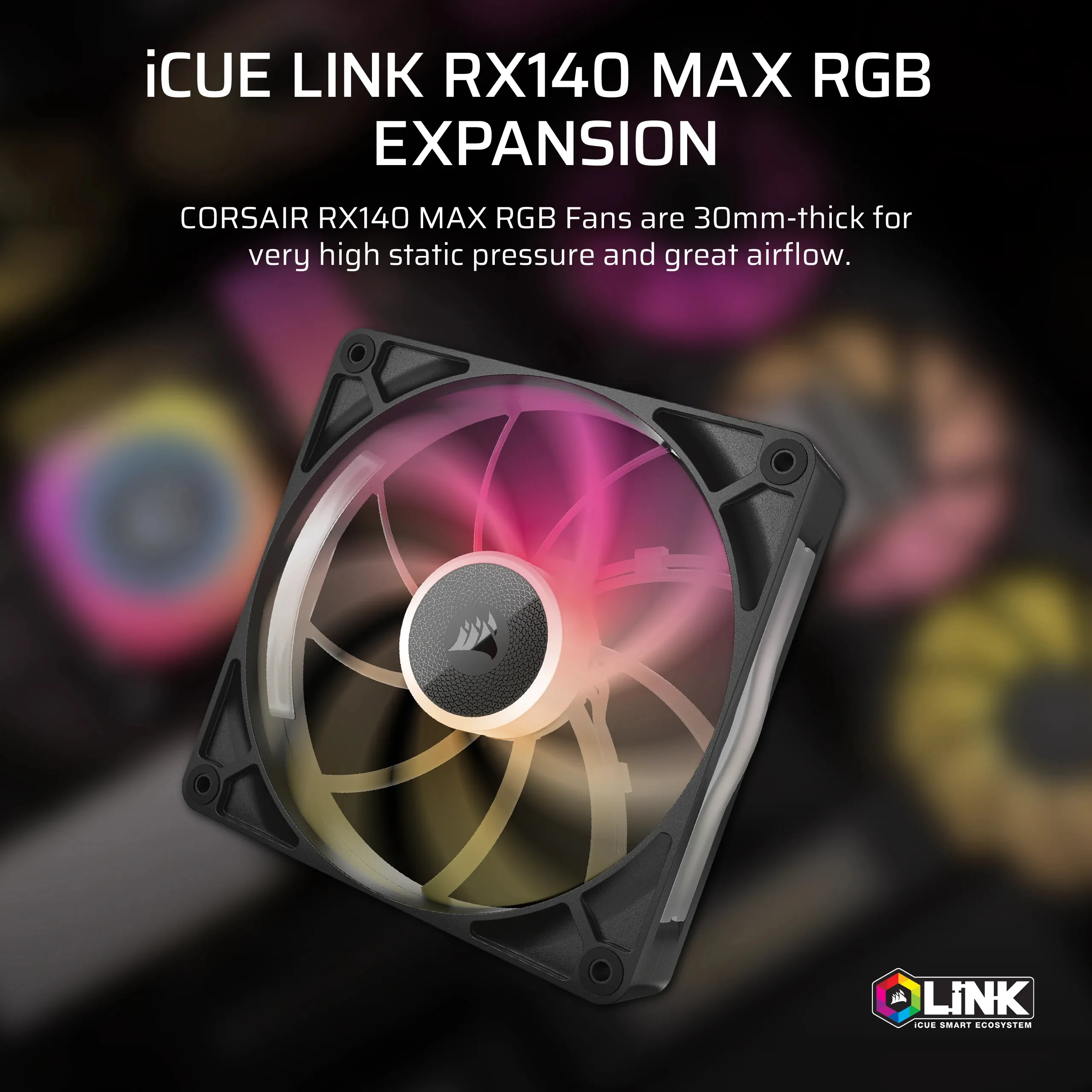Corsair iCUE LINK RX140 MAX PWM RGB-fläkt, Magnetiskt kupollager, 140 mm, svart