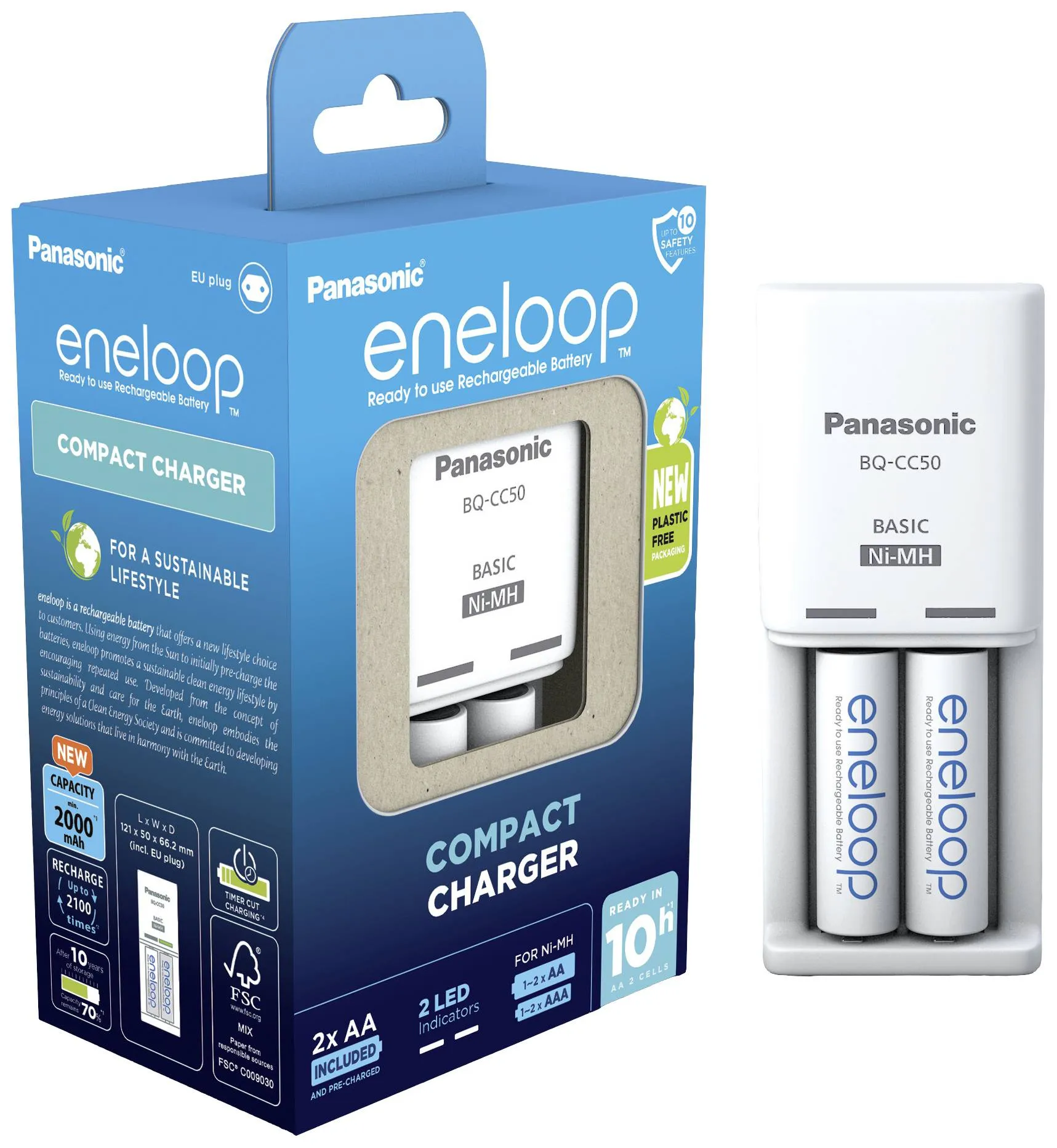 Panasonic Eneloop akkulaturi BQ-CC50 (10h) ja 2 x R6/AA Eneloop 2000mAh akku