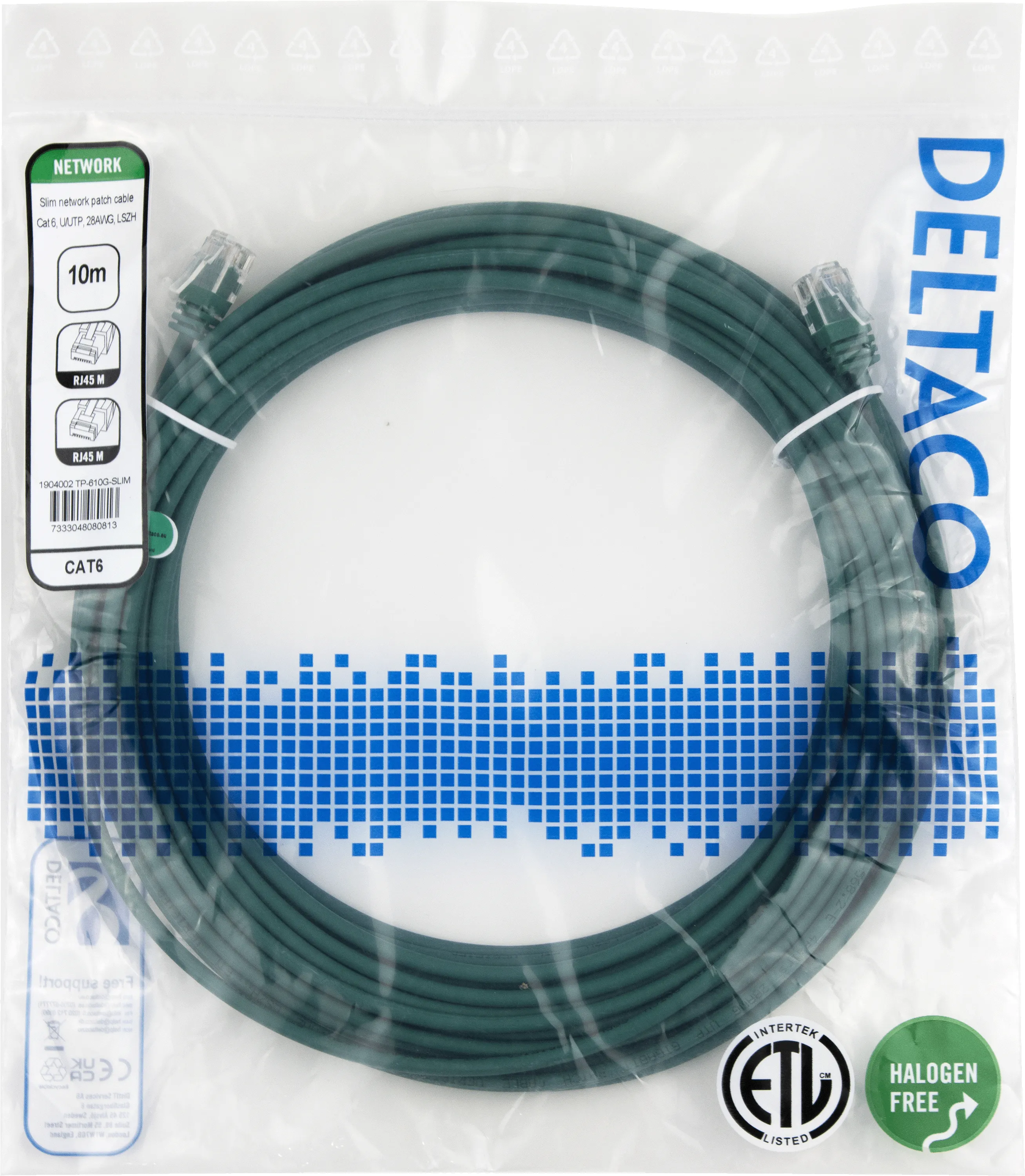 Deltaco Cat6 UTP RJ45 10m Network Cable, Green