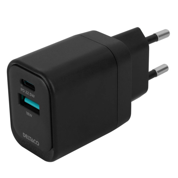 Deltaco 1x USB-A 18 W, 1x USB-C PD 20 W USB - charger, black