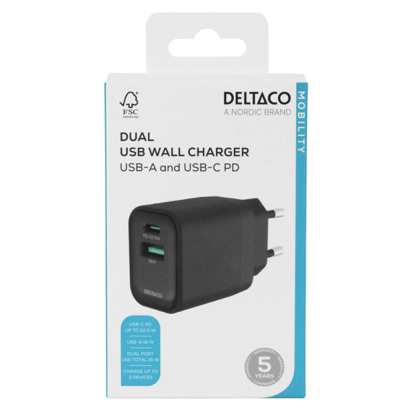 Deltaco 1x USB-A 18 W, 1x USB-C PD 20 W USB - charger, black