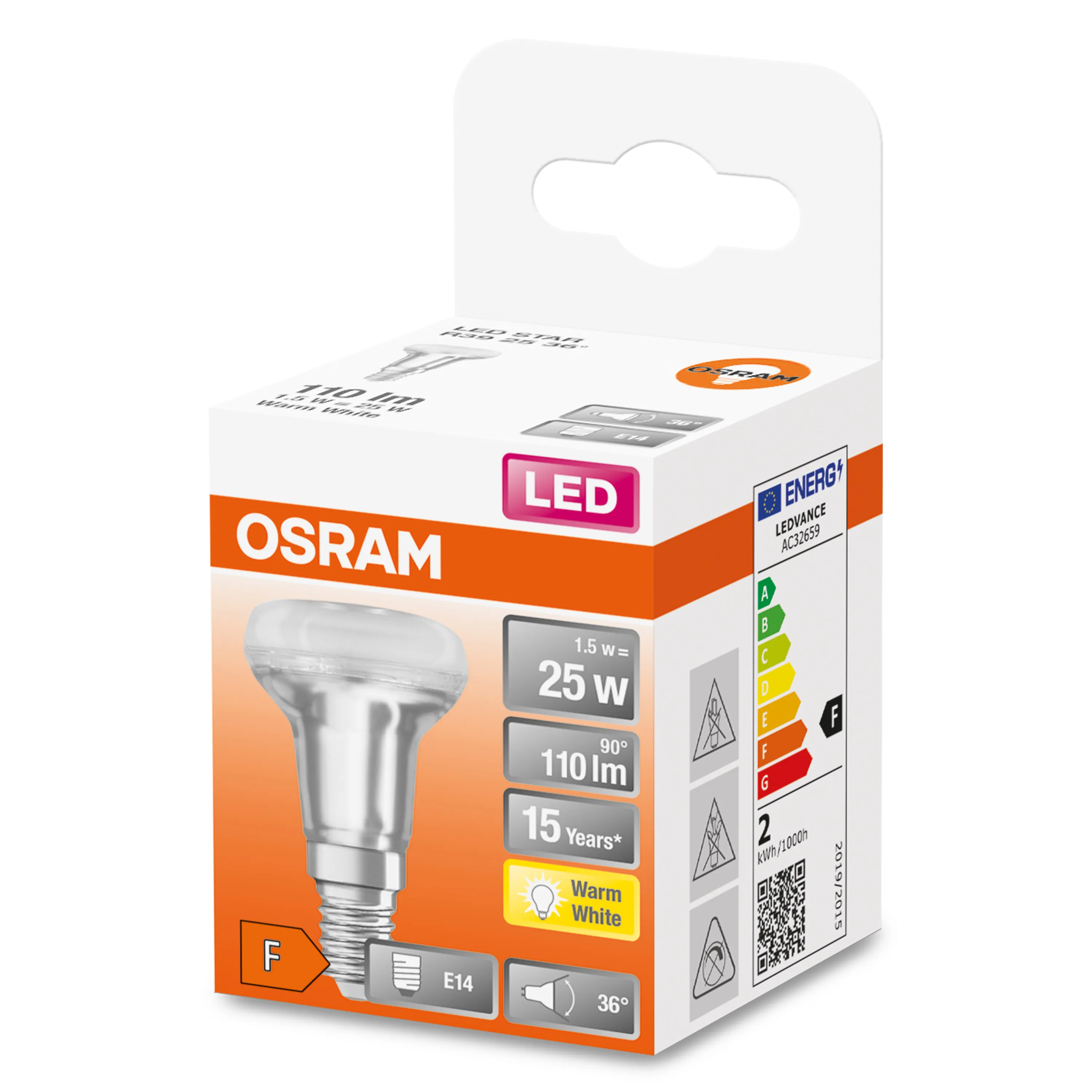 OSRAM LED STAR R39 E14 1.5 watt 110 lumen 2700 kelvin warm white