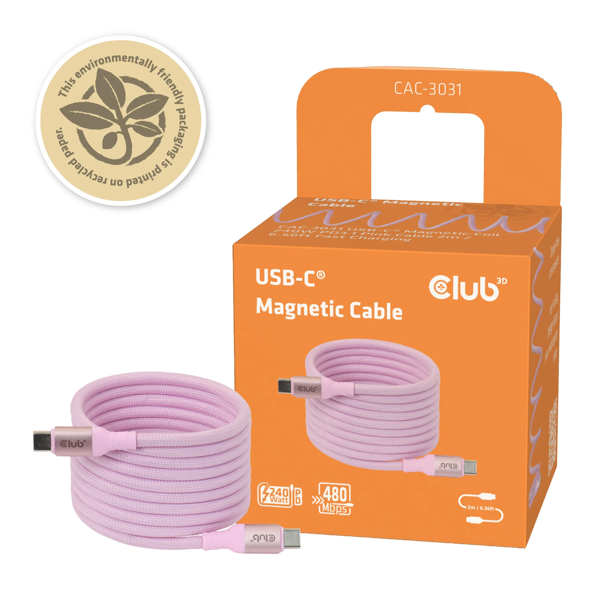 Club 3D CAC-3031 Magnetic-Coil USB-C -kaapeli, 240 W, 2 m, vaaleanpunainen