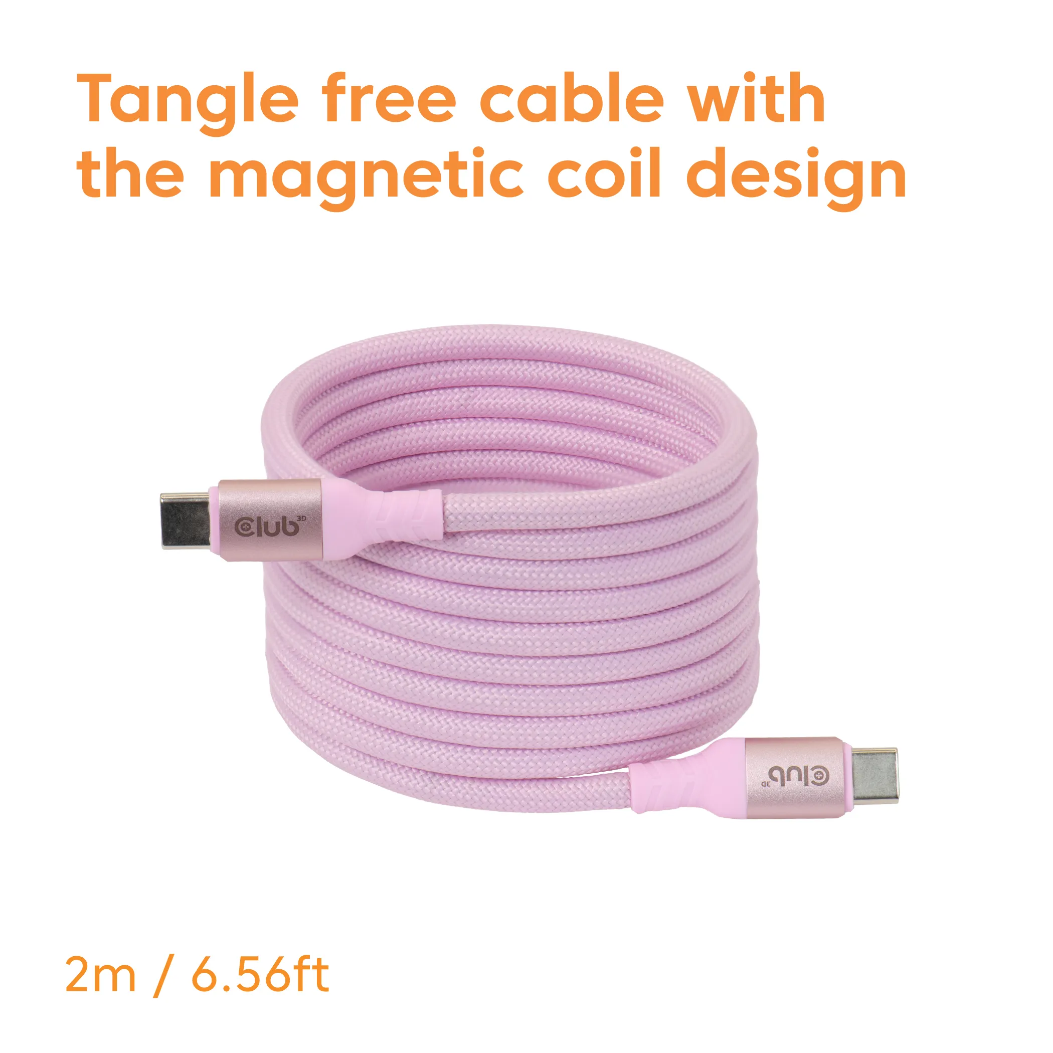 Club 3D CAC-3031 Magnetic-Coil USB-C -kaapeli, 240 W, 2 m, vaaleanpunainen