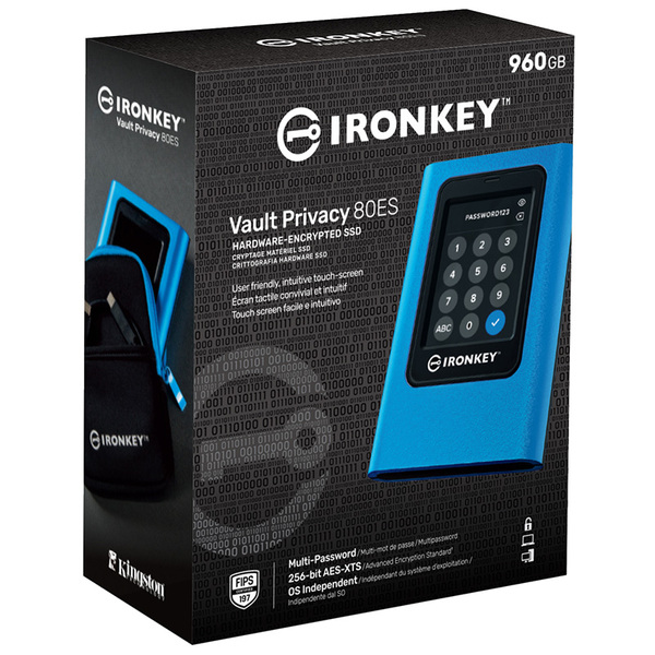 Kingston IronKey Vault Privacy 80 960 Gt USB 3.2 Gen 1 (USB-C) -ulkoinen SSD, laitteistosalaus, salasanasuojaus, kosketusn&auml;ytt&ouml;, sininen