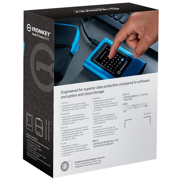 Kingston IronKey Vault Privacy 80 960 Gt USB 3.2 Gen 1 (USB-C) -ulkoinen SSD, laitteistosalaus, salasanasuojaus, kosketusn&auml;ytt&ouml;, sininen