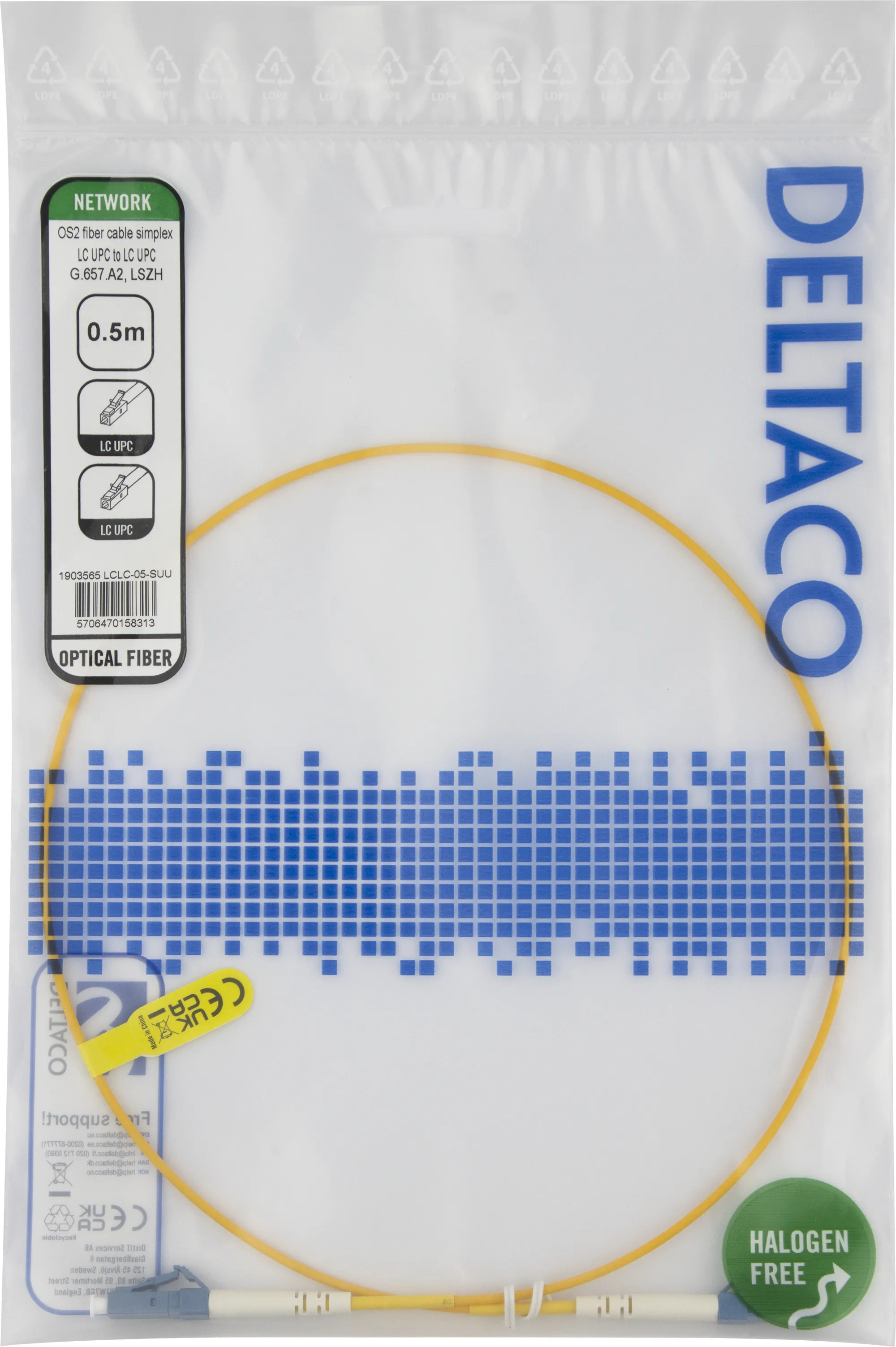 Deltaco OS2 LSZH LC-LC 0.5m -valokuitukaapeli, keltainen