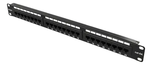 DELTACO 19" kytkentäpaneeli, 24xRJ45, Cat6a, UTP, 1U, 10Gbps, musta