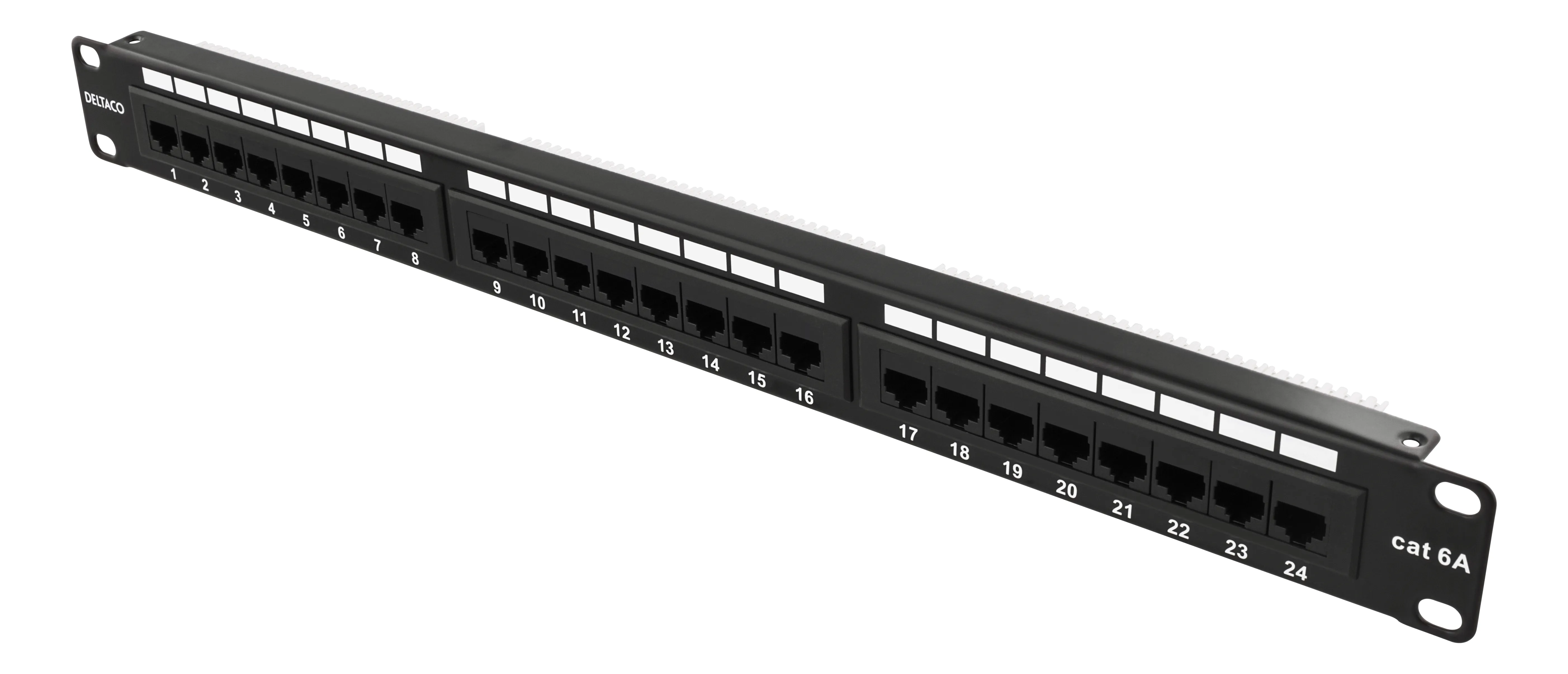 DELTACO 19" kytkentäpaneeli, 24xRJ45, Cat6a, UTP, 1U, 10Gbps, musta