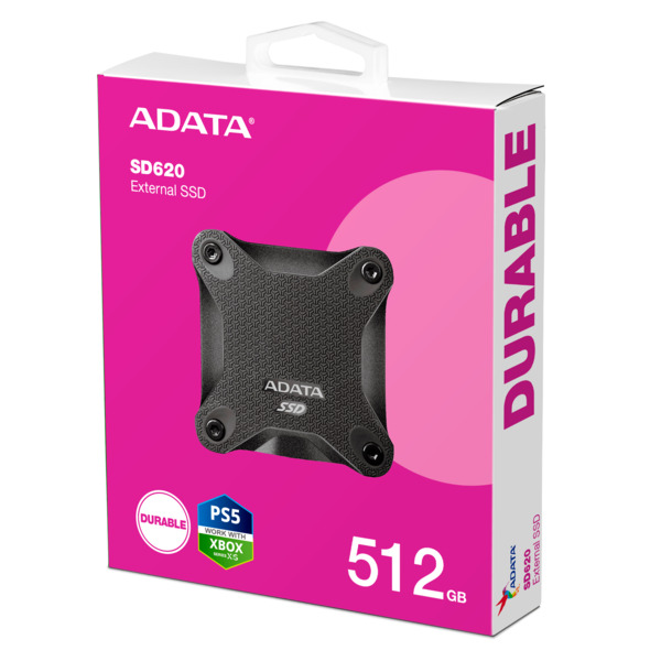A-DATA SD620 512GB External SSD with USB 3.2 Gen 2, Rugged, Portable, for console gaming, Black
