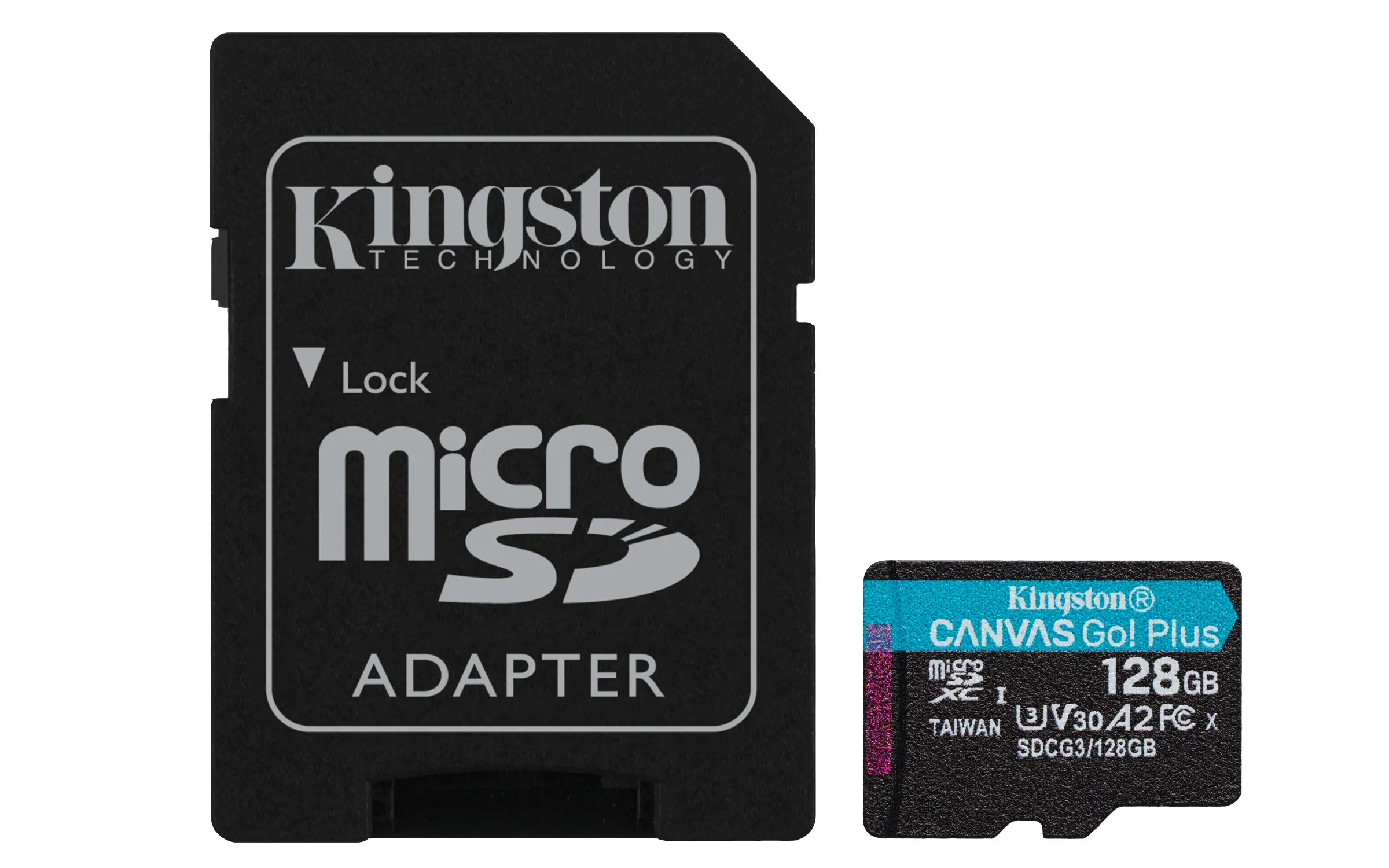 Kingston Canvas Go! Plus Gen4 128GB MicroSDXC UHS-I U3 V30 A2 card with SD adapter, Black