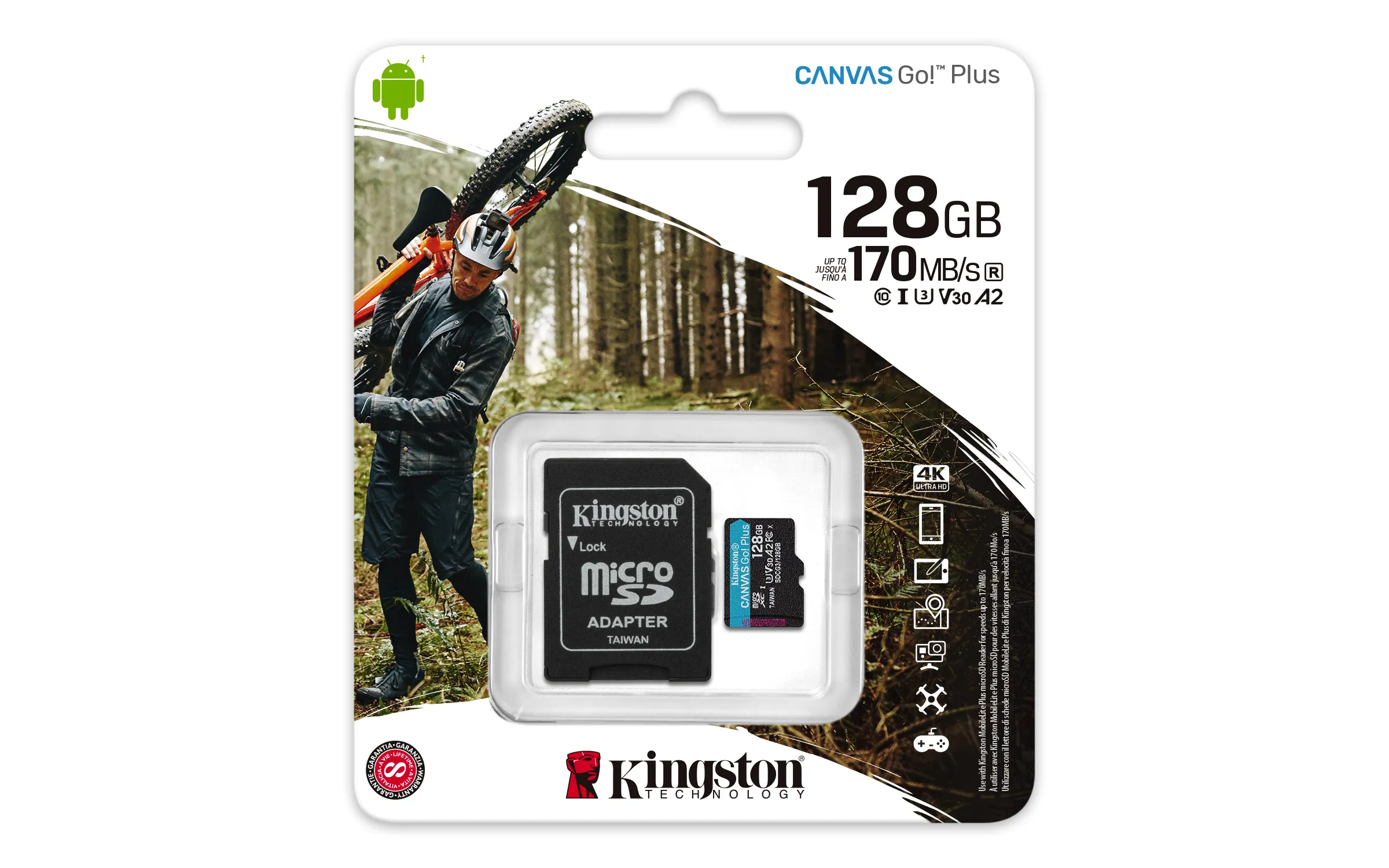 Kingston Canvas Go! Plus Gen4 128GB MicroSDXC UHS-I U3 V30 A2 card with SD adapter, Black