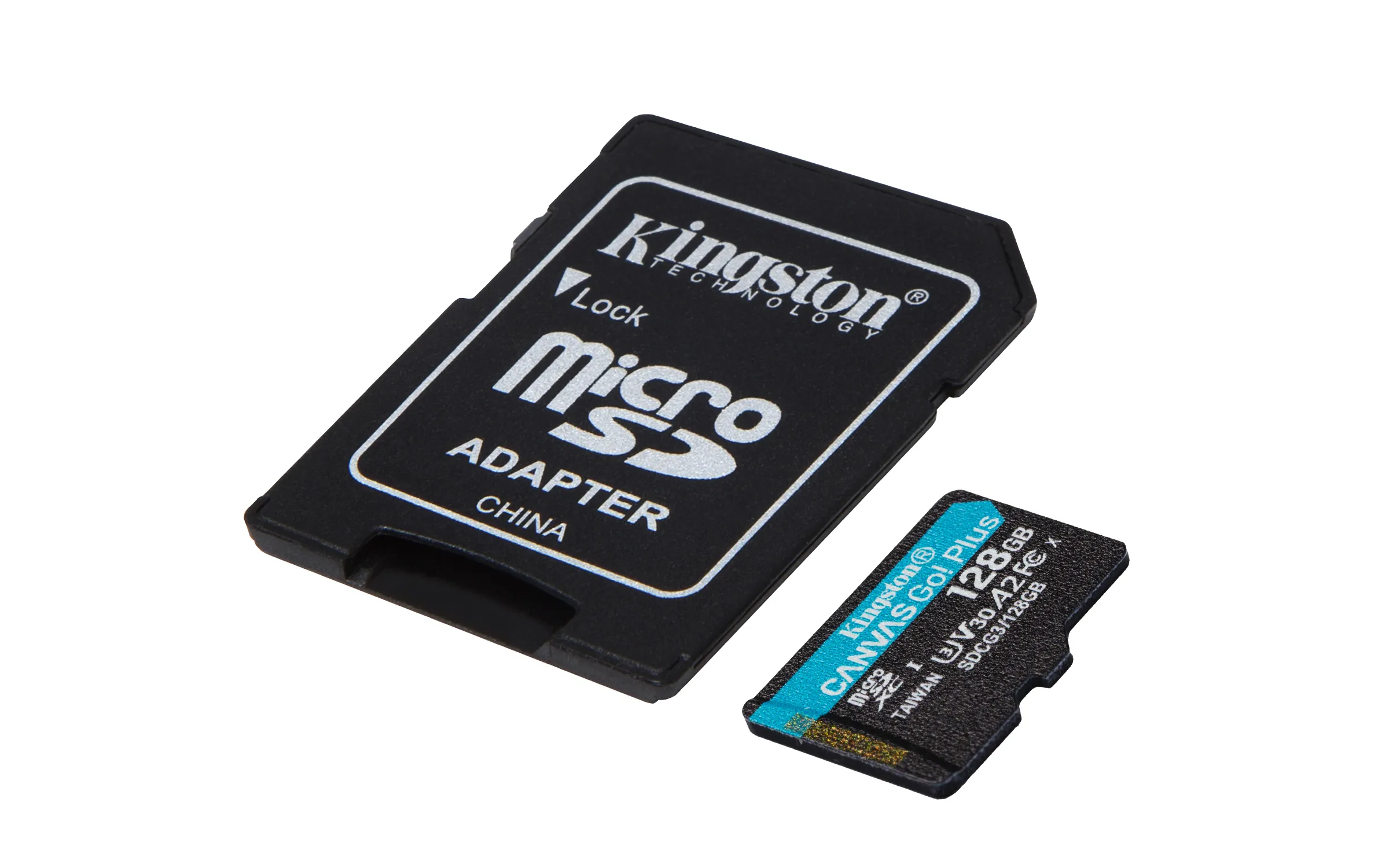 Kingston Canvas Go! Plus Gen4 128GB MicroSDXC UHS-I U3 V30 A2 card with SD adapter, Black